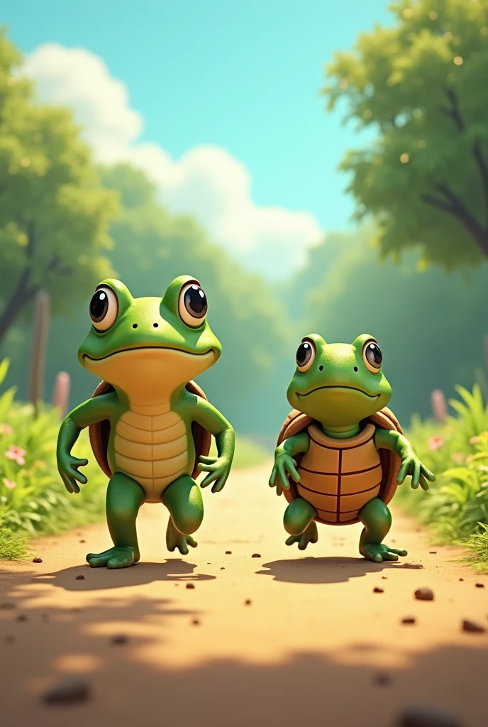 Start of the race: Shows Timothy the frog and Clara the turtle at the starting line, ready to start the race, with Timoteo jumping with energy and Clara moving at her own pace.