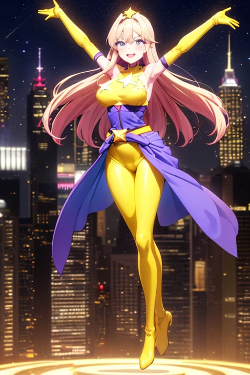 ((best quality)), ((masterpiece)), (detailed), 1 girl, Full body, 1, Smiling face, Blue eyes, Star-shaped tiara, Arms outstretched, Arms behind waist, Blue superhero mask, Blushing, Blonde hair, Straight hair, Long hair, Bangs, Hair ornaments, Star hair ornaments, Full body, Medium breasts, Slim body, Hands with yellow stars, Yellow wristbands, Long purple gloves, Blue gloves, Blue gloves, Yellow shoulder pads, Superhero costume, Superheroes, Yellow leotard suit, With a big yellow star in the center, Star emblem, Somewhat tight, Long yellow cape on waist, Red belt, Purple legs, Purple pantyhose, Long blue boots, Flying, City background, Anime