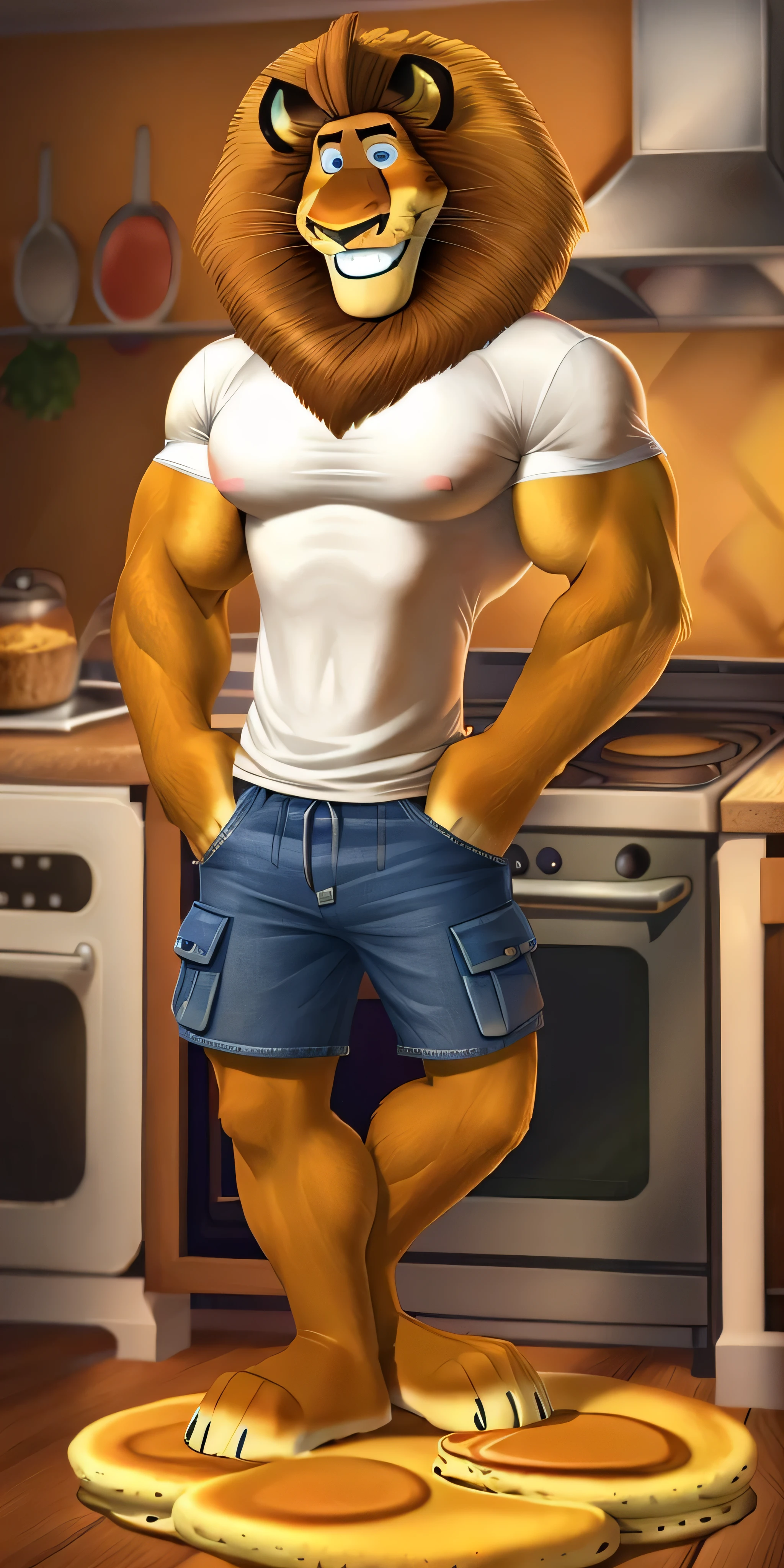 Alex the Lion, muscular body, big biceps, extremely beautiful and cute face, perfectly detailed blue eyes with perfectly detailed pupils, white t-shirt, denim cargo shorts, bare feet, kitchen background, he stands at the stove and fries pancakes, gentle look, cute smile