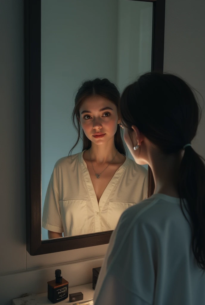 Scene opens with calm background music and a person looking in the mirror