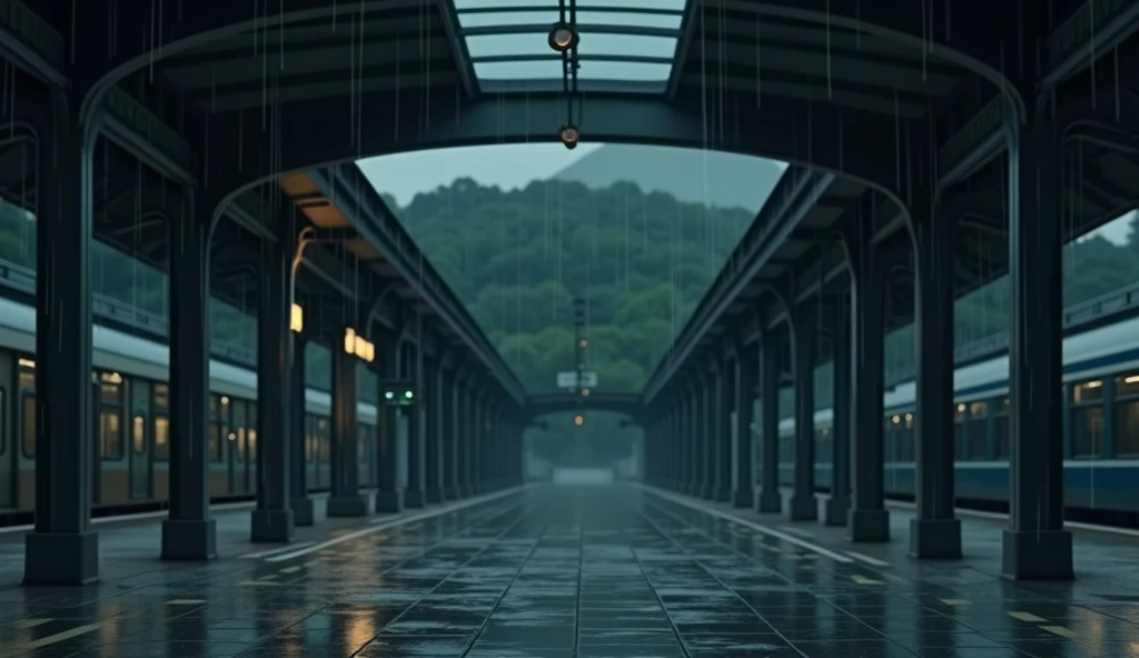 japanese train station, no people, rain, day, In the style of Makoto Shinkai。master piece, ultra detail, precision, ultra-realistic,