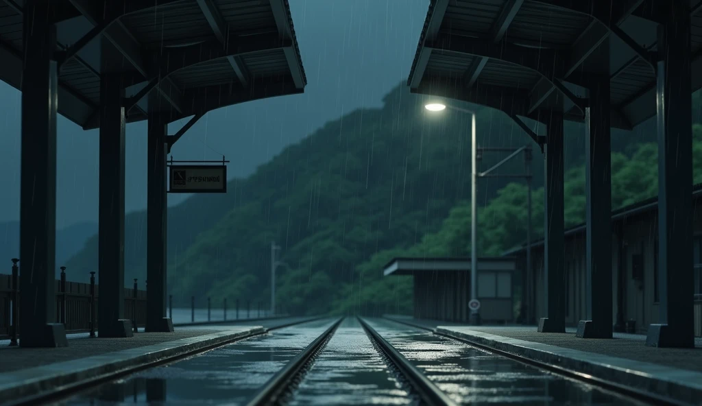   japanese train station, no people, rain, day, In the style of Makoto Shinkai。master piece, ultra detail, precision, ultra-realistic,
