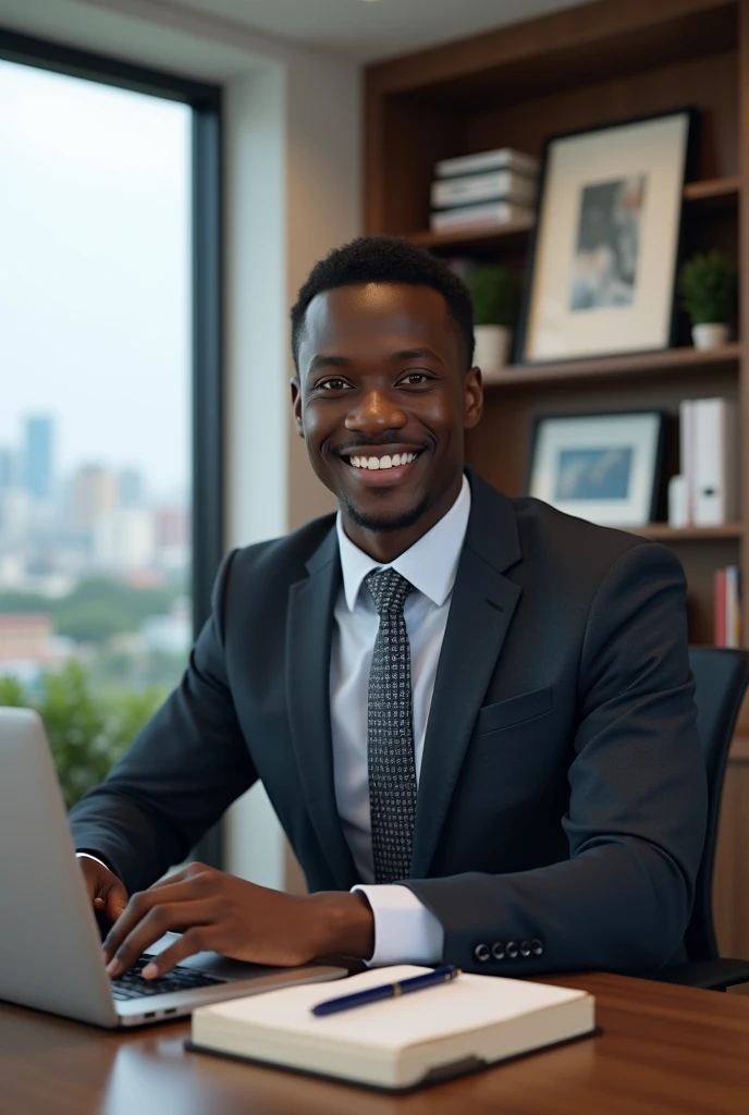 Generate images of a young African man cooperately dressed sitting in his office