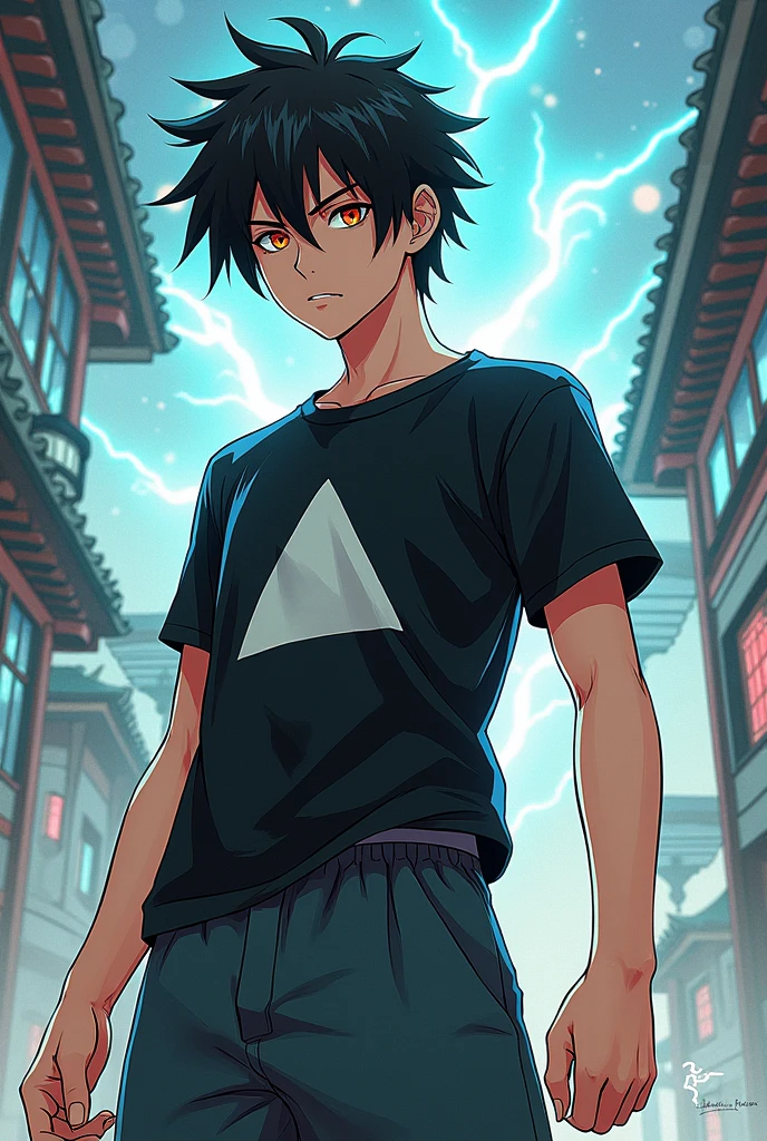a jujutsu sorcerer anime with messy black hair, a black t-shirt with a triangle pattern on it and baggy pants underneath
