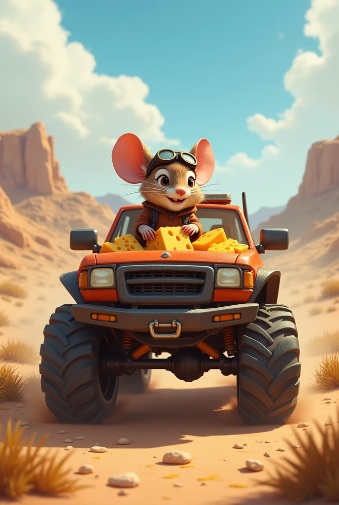 Asme a mouse riding in a raptor truck with cheese in the back

