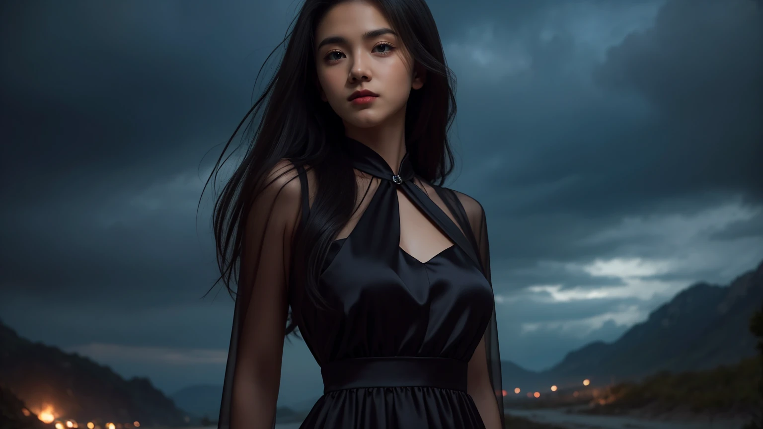 A 16k masterpiece, highest resolution, every detail, meticulousness, depth of field, bright colors, beautiful composition: a  girl with black hair and innocent eyes is so beautiful detailed, standing against a dark and ominous landscape. sexy silk dress outfit.