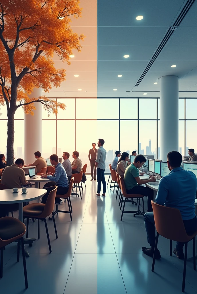 a split image, on one side a company cafeteria, with people drinking coffee and talking, in the other half an office with everyone working
