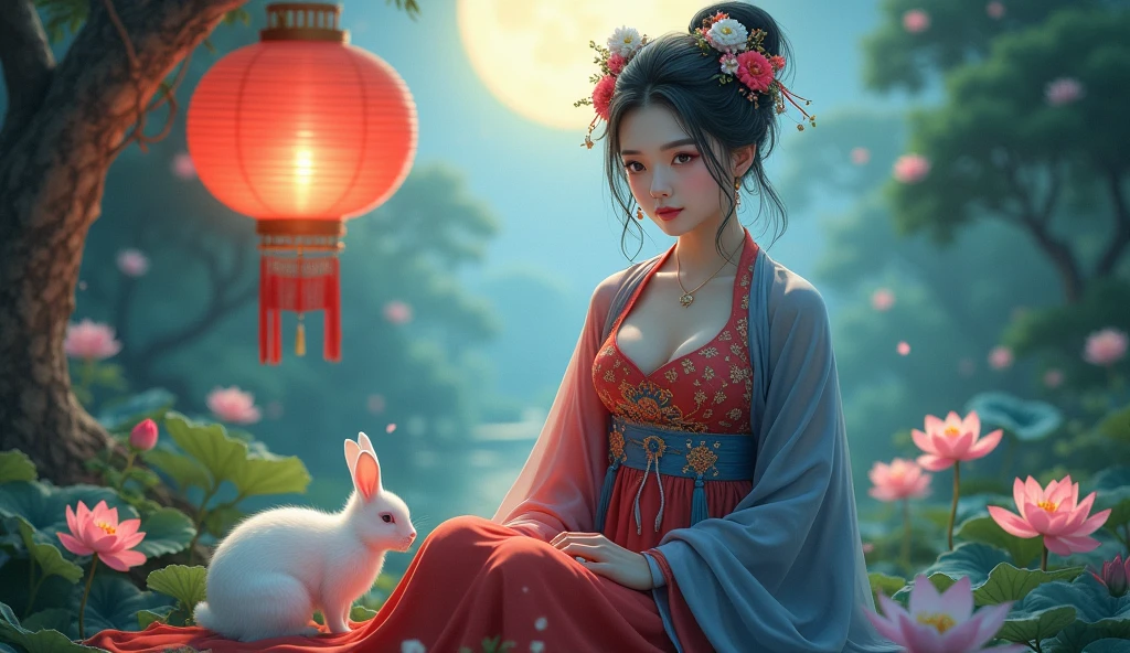 A beautiful young Asian woman in an elegant red and blue hanfu sits gracefully in a moonlit garden. Her hair was decorated with delicate flowers. And her eyes were calm and charming. A large glowing red lantern hung next to her, casting a warm glow on the scene. A fluffy white rabbit sat at her feet. Add a calm and enchanting atmosphere. The garden is full of lush greenery and delicate lotus flowers. along with the full moon shining brightly in the sky
