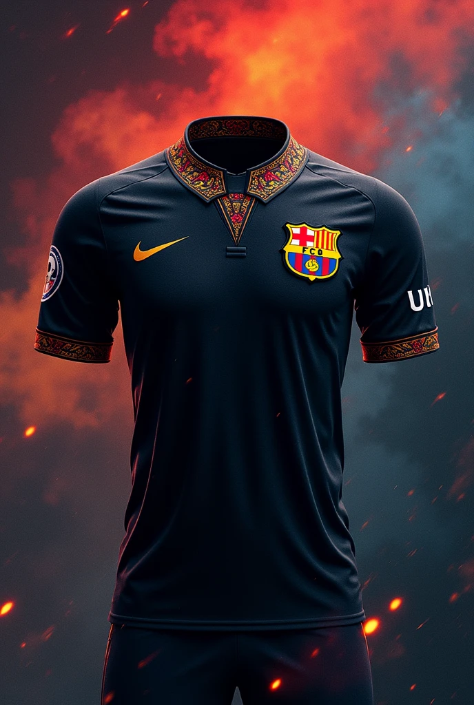Make a piece of black jersey with a collared pattern + Barcelona soccer jersey.