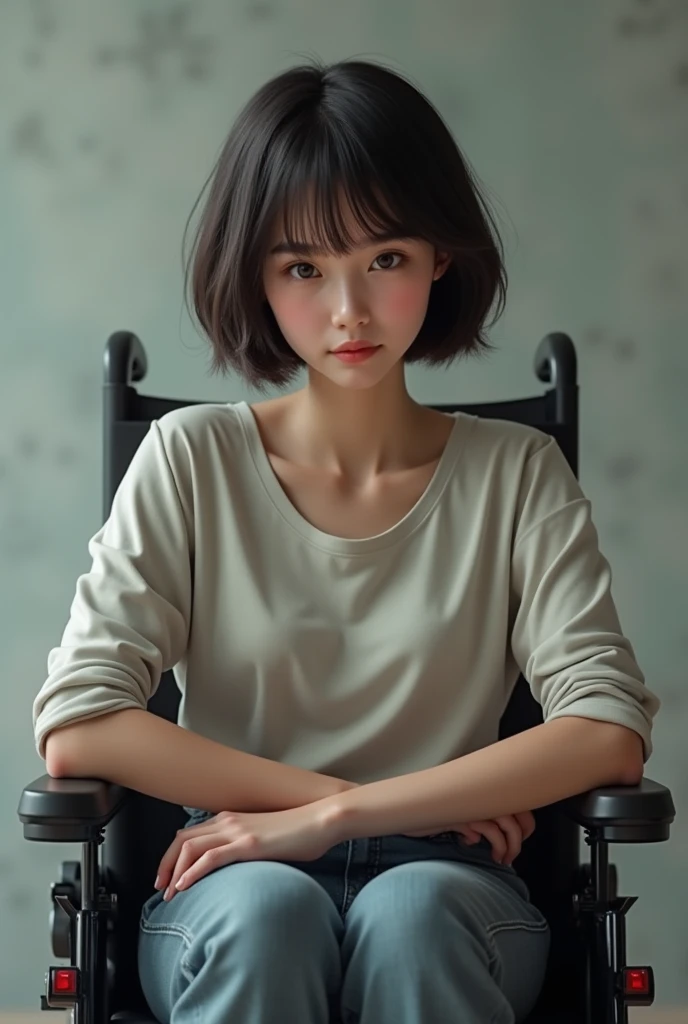 Young woman with short hair sitting in powerwheelchair. Her arms lay on the armrests.