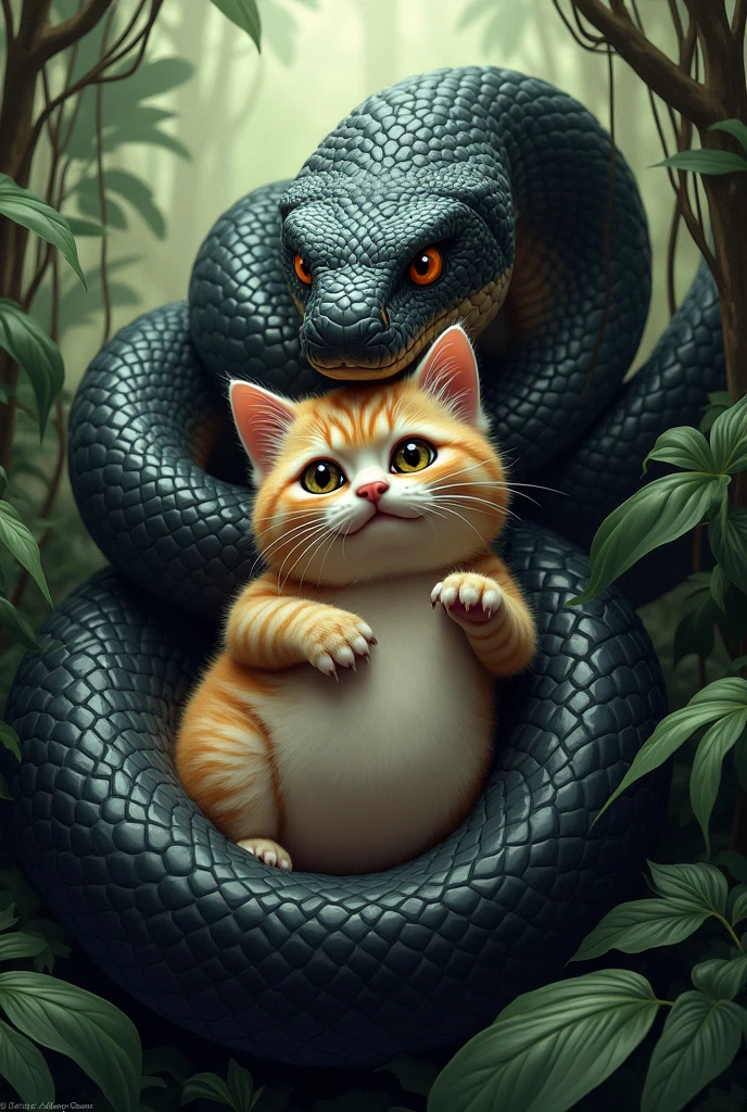 A  anaconda circling a chubby cat with its body