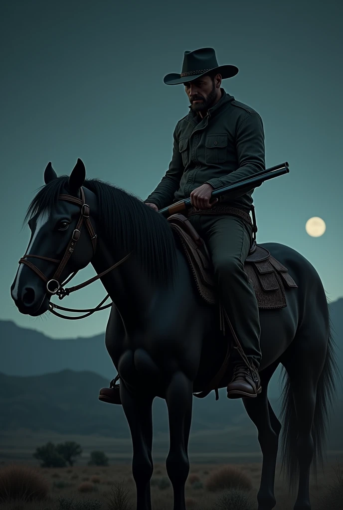 a cowboy sitting on a horse with a double barrel shotgun in his hand travelling in night
