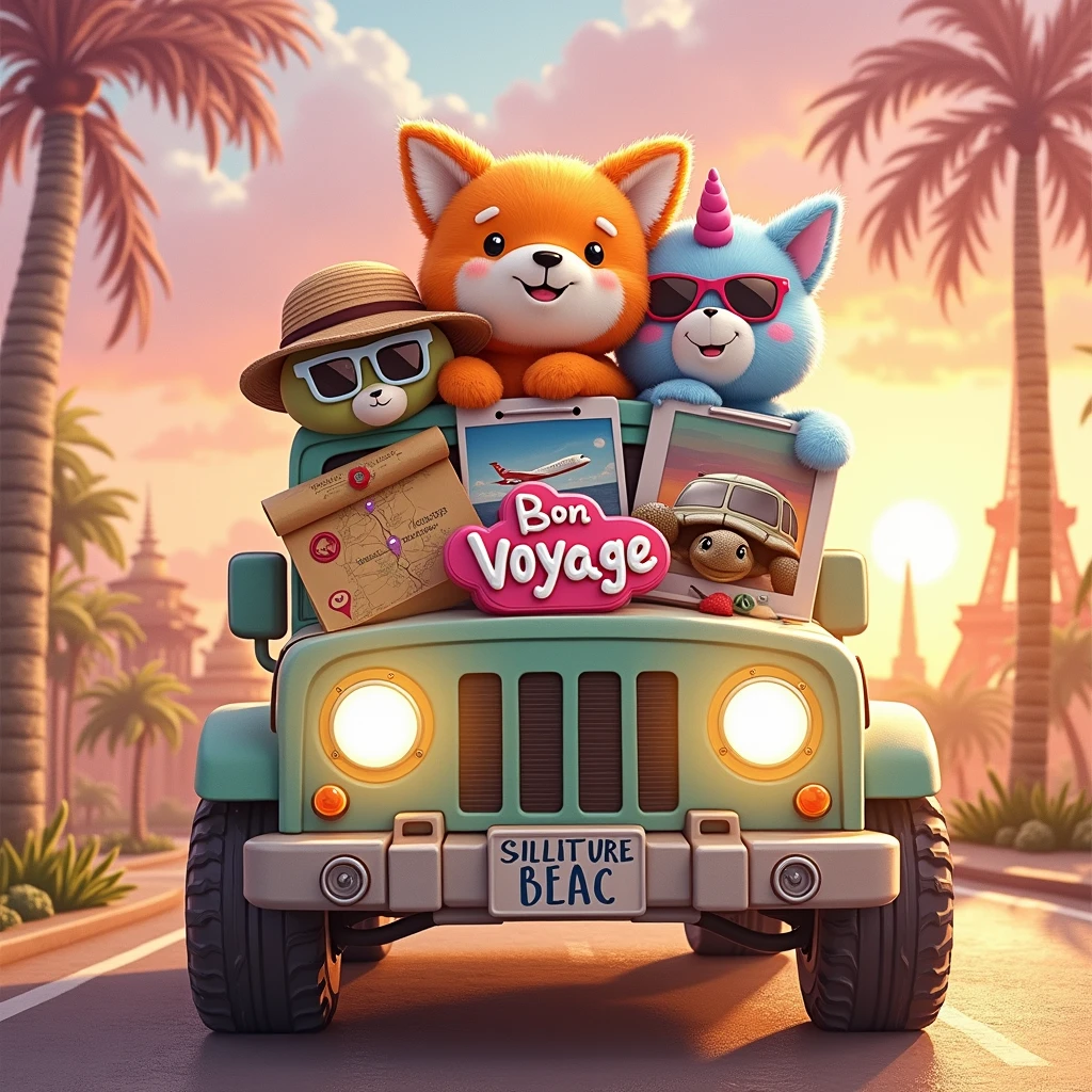 "Create a highly realistic 3D detailed digital painting style illustration, with good layout and design features. A imagem deve ser ((glad)), with good contrast, fine and delicate strokes, cute and fun, intended for the public . The illustration features three polaroid-style photos, each showing a Squishmallows in different situations during a trip. Squishmallows look like teddy bears: in the first photo, um Squishmallows raposa laranja glad tirando uma foto em frente a um famoso ponto turístico; In the second photo, a blue unicorn Squishmallows with big round eyes carrying a suitcase at an airport; and in the third photo, um Squishmallows tartaruga glad usando óculos de sol enquanto relaxa em uma praia tropical. The photos are random, portraying different places and travel situations. The art, Em geral, presents a distribution that resembles shirt prints, avoiding a rectangular shape. Below this scene, there is text that says 'Bon Voyage' in a stylized font that suggests a vibe of adventure and exploration. The font color transitions from pink at the top to yellow at the bottom, imitating a sunset. This image evokes nostalgia for travel and adventure, symbolizing freedom and leisure." add icons like map, plane , compass. and leave the background white