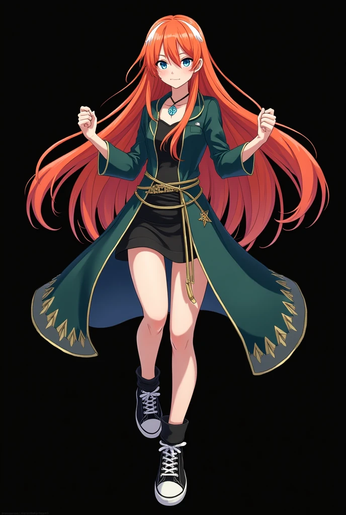 A full body image of an  child, personagem do anime "JUJUTSU KAİSEN", she is very beautiful, with long, straight, fire-colored hair with two white streaks highlighted in the front, framing your face. She has blue-green eyes and pale skin.. she is a Wiccan, she is in fighting pose. she wears a pentagram necklace, tight skirt, beautiful women&#39;s high-top shoes and ¾-long socks. It is drawn with animation by Gege Akutami.. black backdrop.