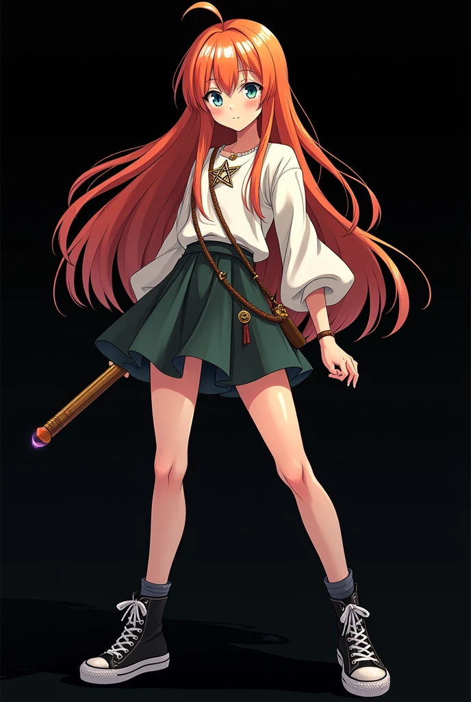 A full body image of an  , personagem do anime "JUJUTSU KAİSEN", she is very beautiful, with long, straight, fire-colored hair with two white streaks highlighted in the front, framing your face. She has blue-green eyes and pale skin.. she is a Wiccan, she is in fighting pose. she wears a pentagram necklace, tight skirt, beautiful women&#39;s high-top shoes and ¾-long socks. It is drawn with animation by Gege Akutami.. black backdrop.