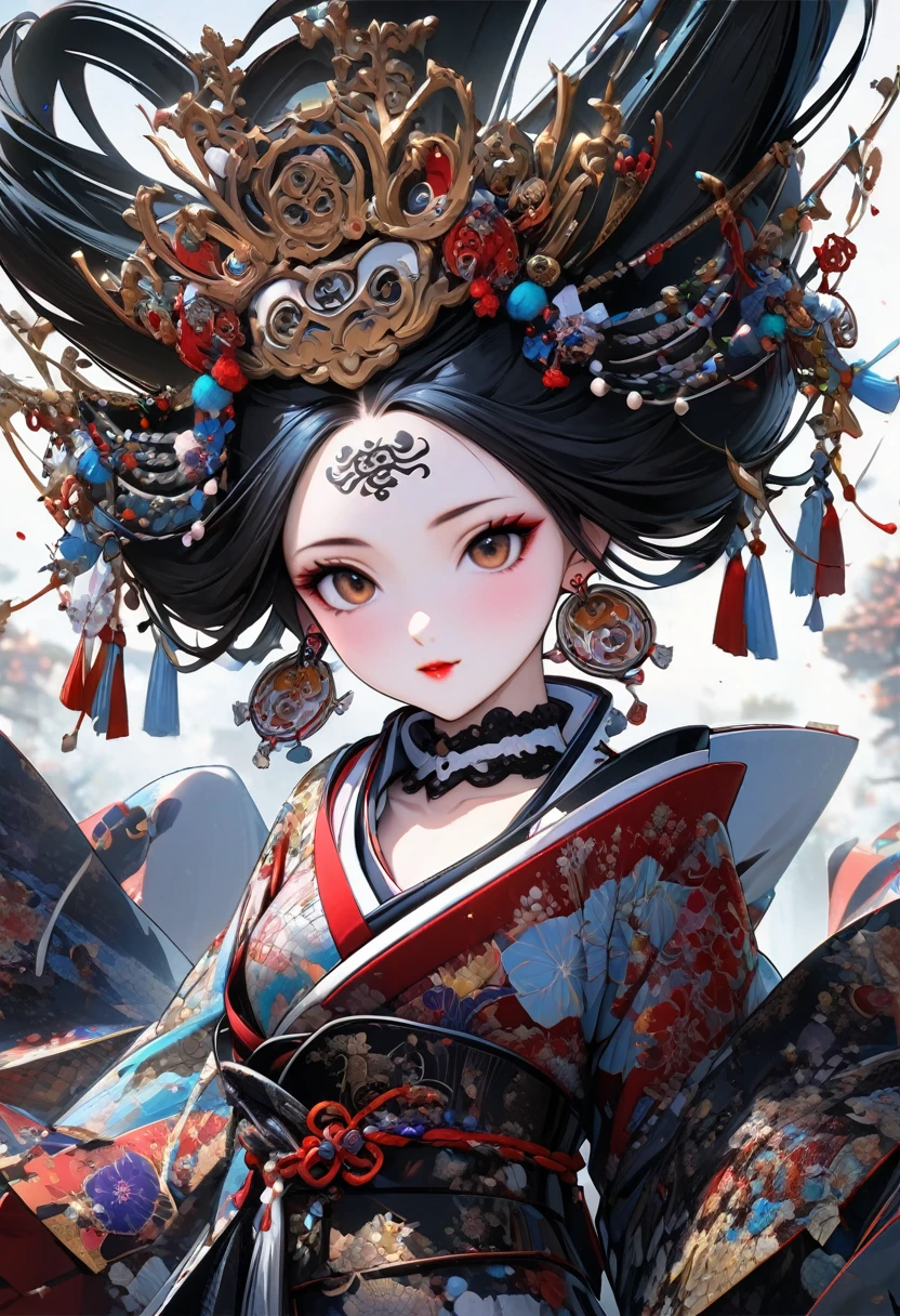 Ink painting, (((1 girl))), (((Tattoo in the middle of the forehead))), (((Oiran))), (((Japanese Hanafuda Card Earrings))), (((Great hair accessories))) Demon possession, ((Masterpiece:1.2)), ((Highest quality)), (((All body is neatly covered))), (Masterpiece, Top quality, Best quality, Official art, Beautiful and aesthetic:1.2), All body is neatly covered, (1girl), Very detailed,(Fractal art:1.3),Colorful,Top detailed