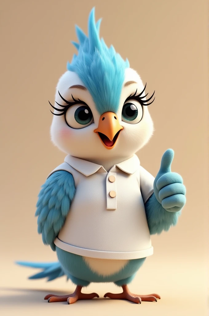 cockatiel, female, with eyelashes in her eyes, dark blue, light blue and white feathers, cub, happy, wearing white polo shirt, thumb raised, pixar style 8k