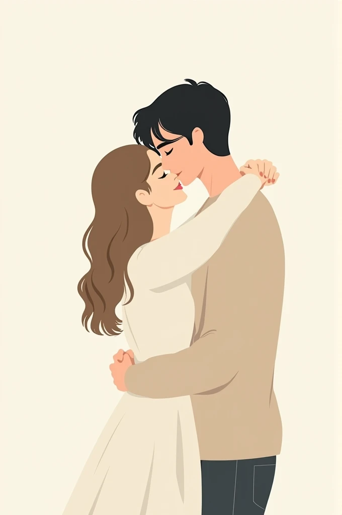 Minimalist illustration of a couple hugging. A woman with light brown hair and her boyfriend with black hair combed into a book 