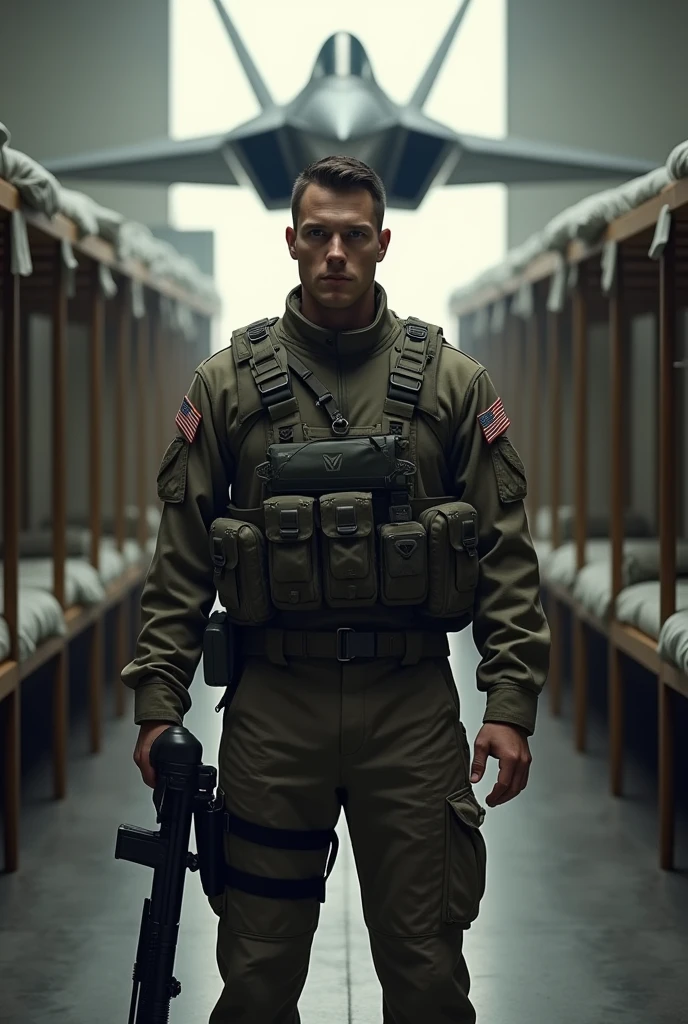 A soldier in the barracks with an F-22 in the background