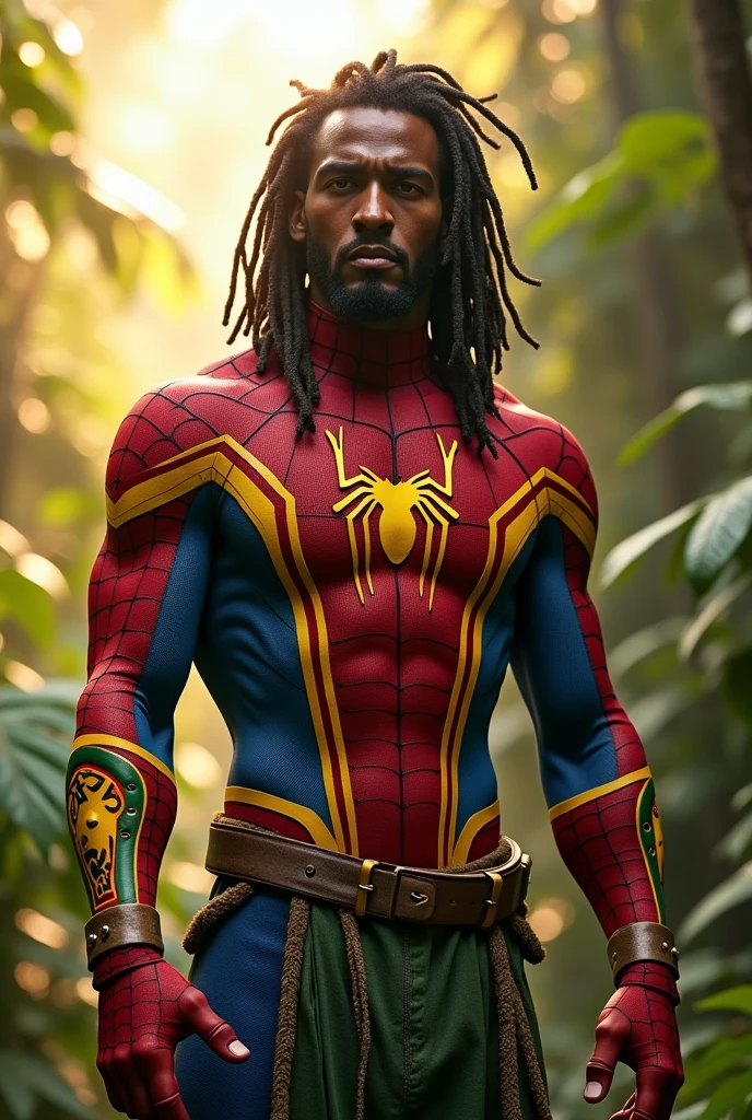 Rastafarian spider man with red yellow and green outfit