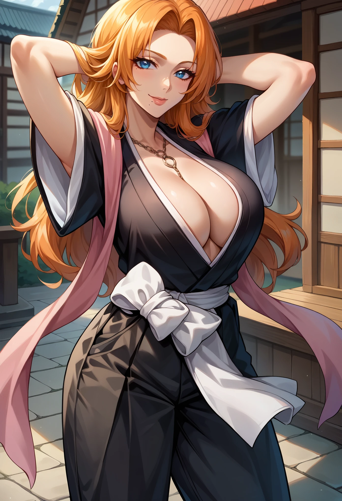 score_9, score_8_up, score_7_up, 1girl, solo, defran, long hair, orange hair, blue eyes, mole under mouth, necklace, black robes, cleavage, pink scarf, white sash, black hakama pants, sexy smile, arms up, hands behind head, winke, standing, looking at you, tradicional japanese village,
