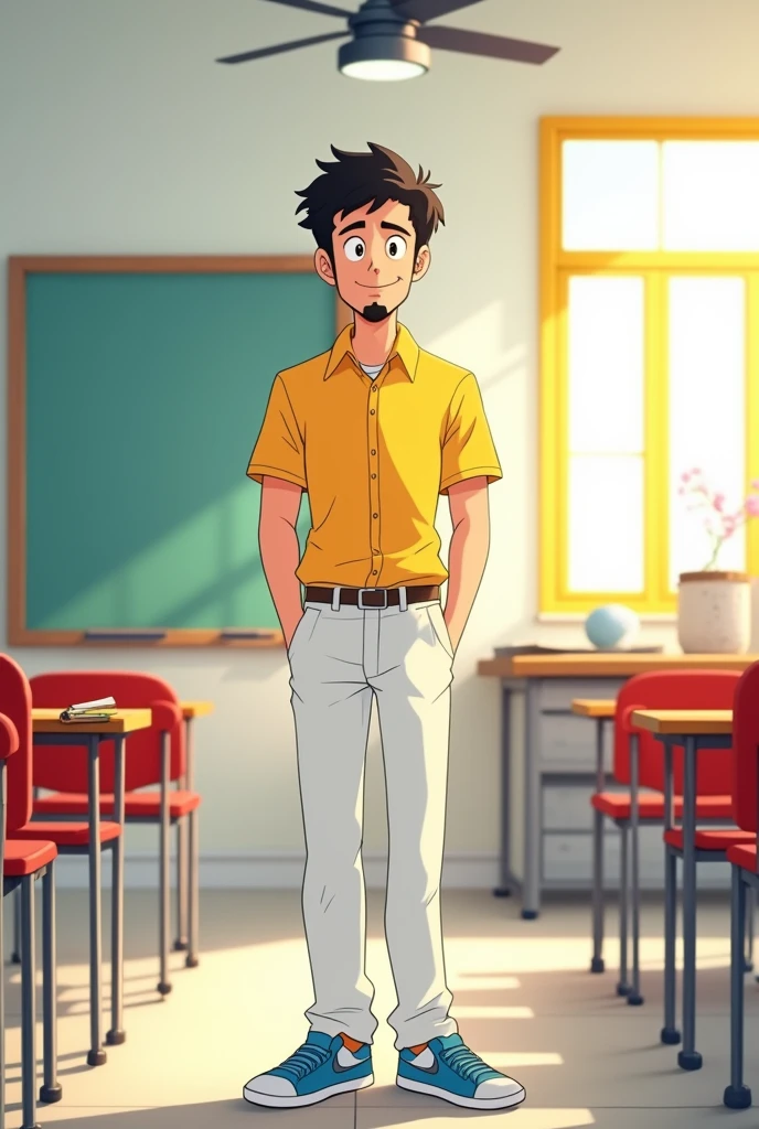 "In a brightly lit classroom, the medium height, medium build white man with short, curly black hair, white skin, brown eyes, and a goatee is dressed in his yellow dress shirt, white pants, and blue sneakers. The classroom has white walls, red desks arranged in rows, and a large yellow-framed window letting in natural light. A whiteboard is mounted on the front wall, and a ceiling fan spins slowly overhead. On a small table near the front of the room sits an open notebook, ready for the lesson." Anime version