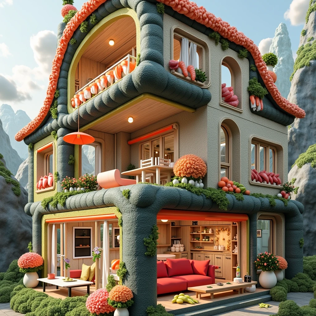 ((masterpiece, 8k, best quality, 8k, super realistic, high resolution:1.3)), realistic house, 2 storey house, 2 meter house, house made of sushi, sushi world, Sashimi in a frying pan, chimney coming out eggs, wasabi world, I cook a lot of rice, walls built of varieties of Japanese sushi, without person, no animals, furniture inside the sushi house, sushi sofa, sushi table, sushi chair