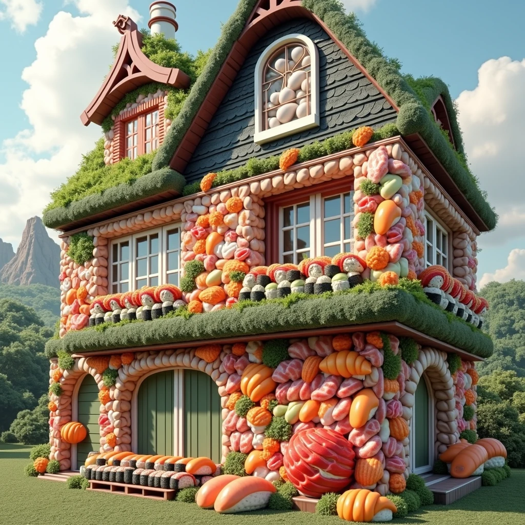 ((masterpiece, 8k, best quality, 8k, super realistic, high resolution:1.3)), realistic house, 2 storey house, 2 meter house, house made of sushi, sushi world, Sashimi in a frying pan, chimney coming out eggs, wasabi world, I cook a lot of rice, walls built of varieties of Japanese sushi, without person, no animals, furniture inside the sushi house, sushi sofa, sushi table, sushi chair