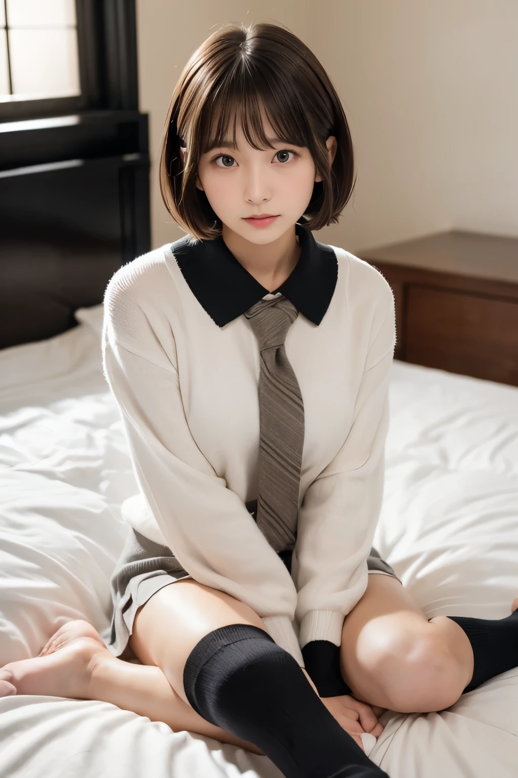 (20-year-old、young、cute:1.3)、(Japanese age girl idol:1.2)、(masterpiece:1.2)、Real Skin、Hyperrealism、Glowing Skin、Professional photos、(Natural light:1.2)、(Confused)、8k、( RAW Photos)、Perfect Legs、Perfect hands、(Flat Chest:1.4)、Droopy eyes、Thin lips、(No makeup:1.2)、Hollow Icy Hair、short hair、Brown Hair:1.2)、( White skin)、(uniform:1.2)、(Pure white panties details:1.2)、(Camel Toe、mansuji:1)、(whole body:1.1)、(Lying in bed:1.2)、(Grab her) skirt:1.2)、(Daytime)、From above、(Complete Anatomy、Correct limbs:1.2)、グレーのskirt、Grey sweater、shirt、tie、Long sleeve、loafers、(Black short socks:1.3)、skirtリフト、Negative_Without hands、