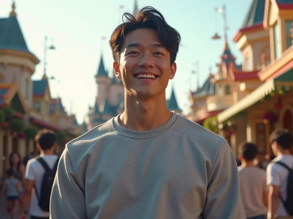 Japanese,25-30 years old, Handsome and elegant, Wear a sweatshirt , Masculine and handsome,muscular,, fair skin, black eyes(thin eyes 1:3), Full body image,(Super detailed, Realistic, best quality, 4K, 8k, High resolution, masterpiece:1.3), The background is Disneyland,he is very happy