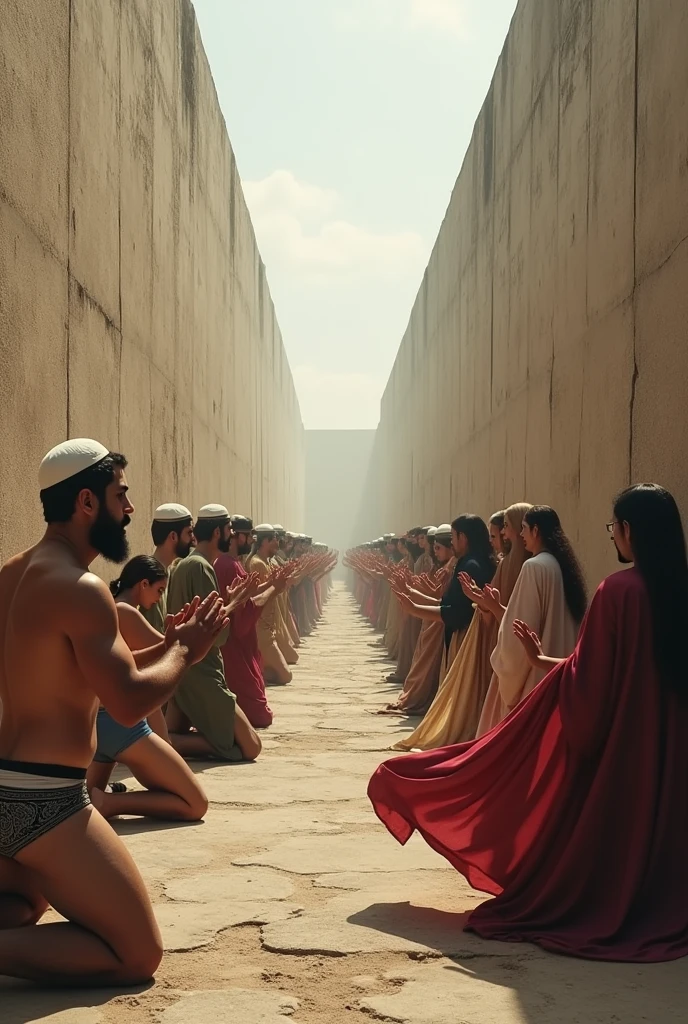 There is a high wall separating two groups, on one side, strong, bearded Iranian men pray kneeling in their underwear and Islamic caps on their heads, on the other side of the wall that separates them, women with winds pray standing up.