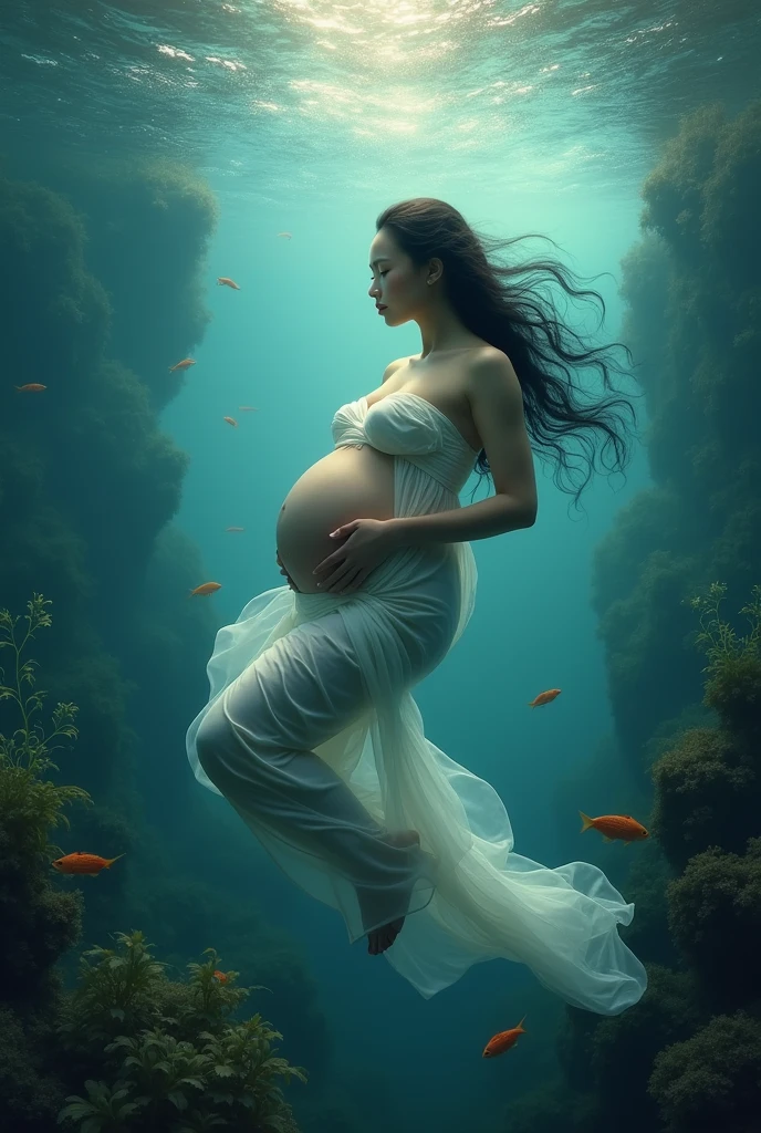 1girl, Indonesian Women maternity underwater, hyperrealistic, underwater reflection effect, underwater ecosystem