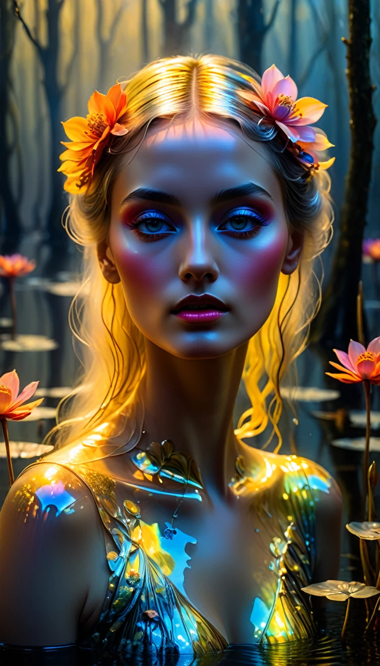 a women portrait, misty evening in the swamp, close up holographic gold and silver polish perfectly shaped flowers, yellow and pink and blue and orange, luminous translucent ghostly glass fantasy, gold and orange and red and black, Salvador Dali, holographic data, soft body, shadow play, light, mist, atmospheric, vivid, red, purple, blue, cinematic, film light, hyper detailed, hyper realistic, masterpiece, atmospheric, high resolution, vivid, high contrast, dark angle, art by Koos Roos, 8k, HDR, 500px, swamp background

