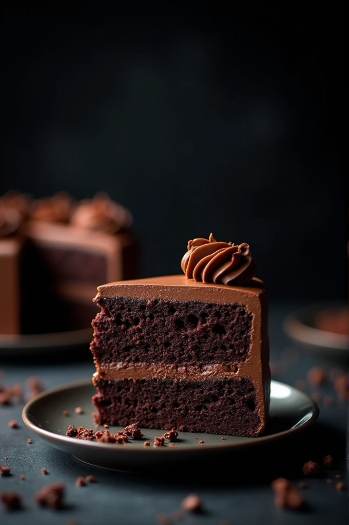 cinematic film still chocolate, chocolate cake, dark background, quality photo, moist texture, frosting, studio photo, slice . shallow depth of field, vignette, highly detailed, high budget, bokeh, cinemascope, moody, epic, gorgeous, film grain, grainy