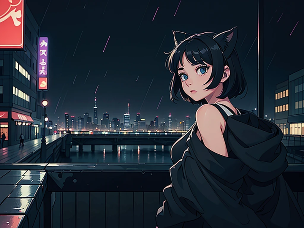 A girl with short black hair and cat ears, wearing dark clothes, in a rainy and calm city, with a relaxing atmosphere. She is a little further away, with a view of her from the waist up, listening to music, and dark colors dominate the scene. The background shows a detailed and vibrant city, reflecting an 80s and 90s anime aesthetic, mixed with a touch of Fujifilm aesthetics. The girl has beautiful eyes, and the entire composition is in 4K, capturing the lofi aesthetic with a soft and tranquil atmosphere.