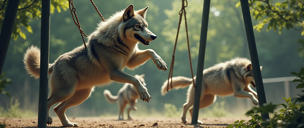 Wolves came from the forest and are swinging on the sports ground