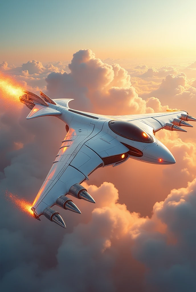 a phoenix airplane macha from white metal, soaring on the sky, metal reflection body, cinematic lighting, spreading the wings and gliding, gliding pose, glowing orange eyes, glowing steel orange wings, glowing steel orange tails, iron claw, bright color, morning glory cloud background, highly detailed, futurism, sci-fi theme fire