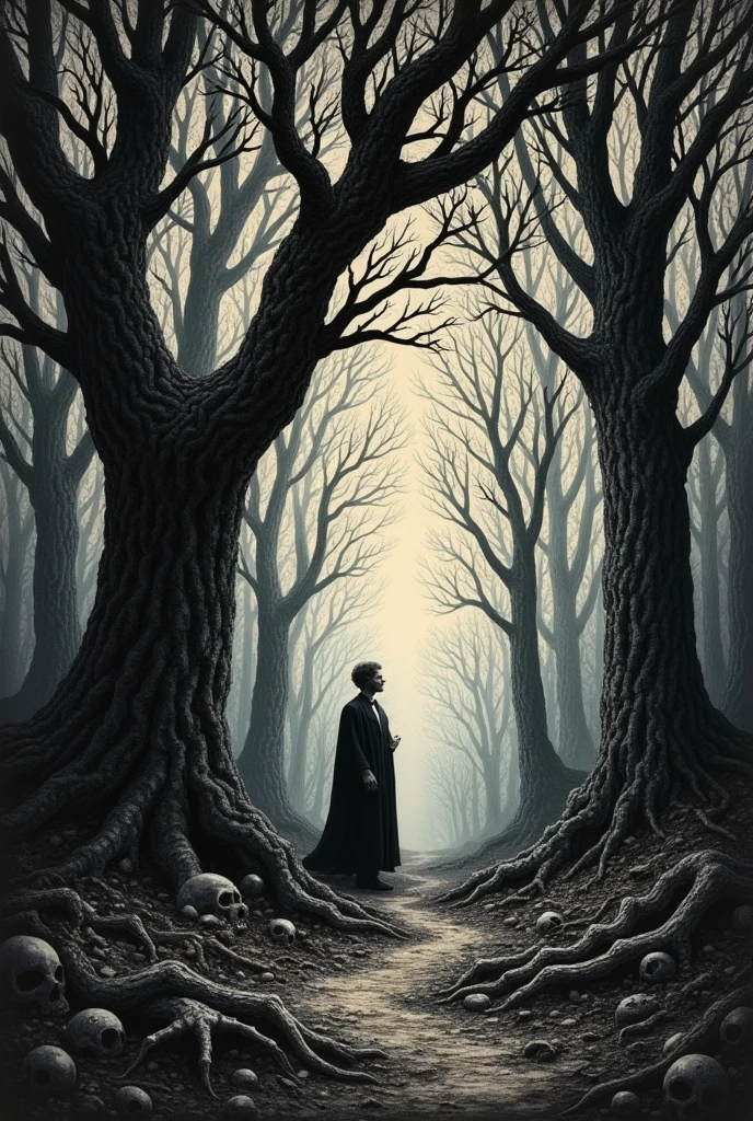 A dark and desolate forest scene in the style of Gustave Doré, designed for a woodcut (xilografía). The landscape is dominated by towering, gnarled trees with twisted branches, creating a haunting and oppressive atmosphere. In the center of the composition, a skeletal figure or a shadowy silhouette stands near a withered tree, symbolizing death. The forest floor is littered with decaying leaves and scattered bones, adding to the sense of desolation. The sky is almost completely obscured by the dense canopy, with only faint rays of light piercing through, emphasizing the bleakness. The overall style is intricate and dramatic, using heavy contrasts and detailed textures typical of Doré’s work