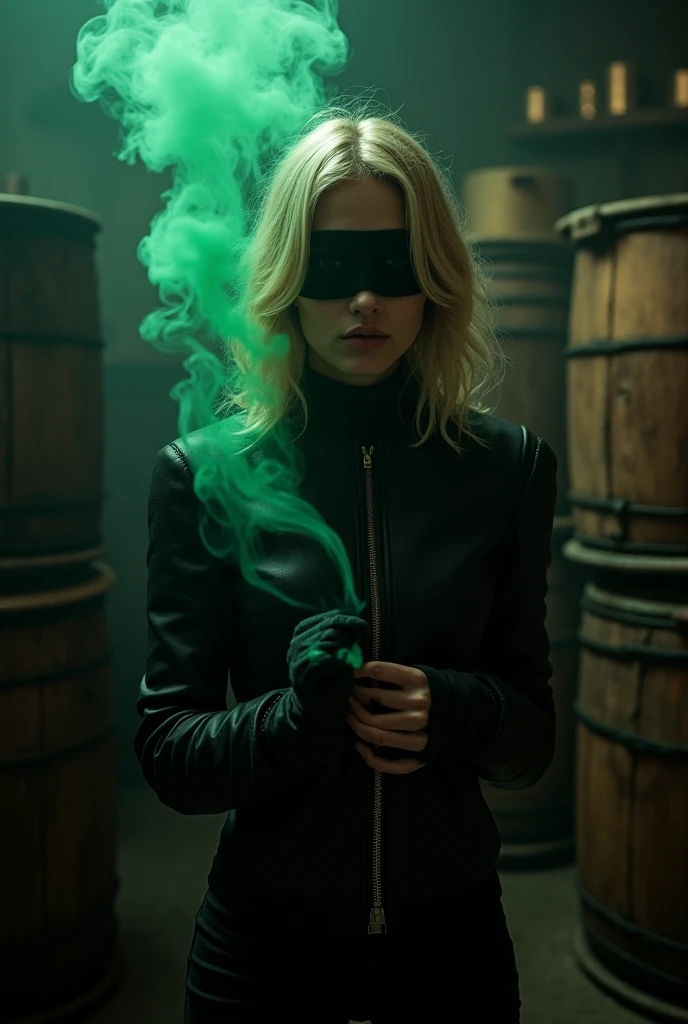 Beautiful, white, young woman, shoulder length blonde hair, wearing black cotton blindfold with green smoke emanating from inside blindfold, wearing black leather jacket, arms fully covered in black bandages, wearing black leather pants, wearing black leather boots, hiding behind large barrels in a very dimly lit bar,