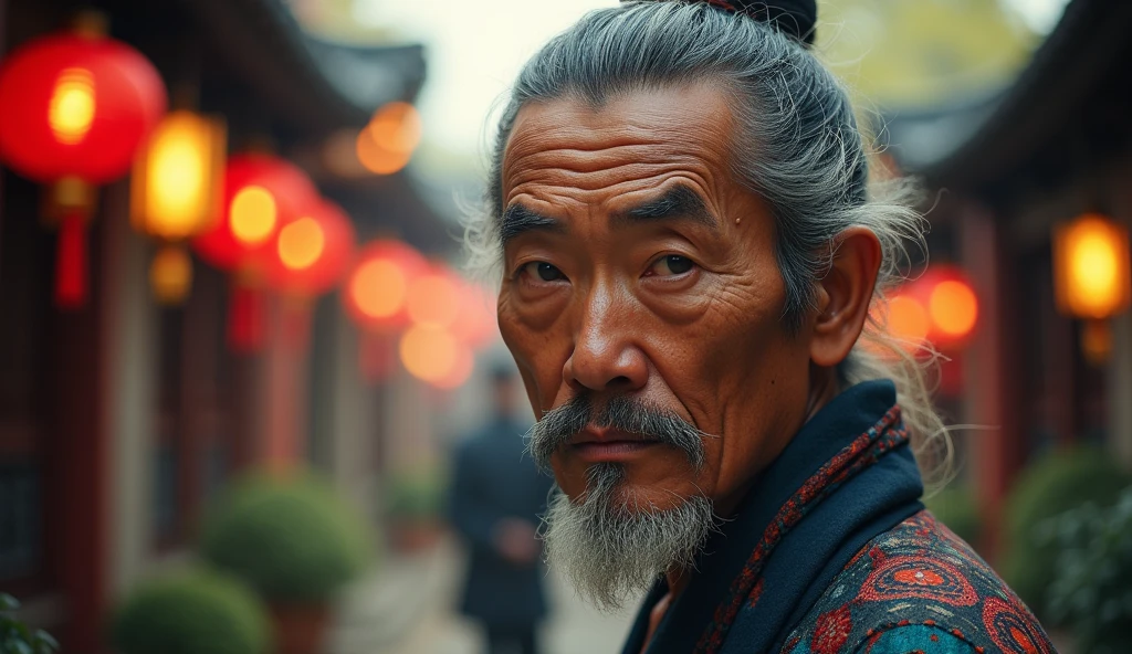 ancient asian man looking directly at the camera, not at the center, clear facial features, bright colors, light particles, with bright light, Mushhiv, wallpaper art, UHD wallpapers, vivid atmosphere, near a house ancient village