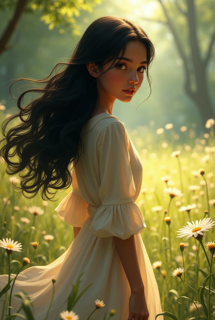 Hello, I need to generate an image of an  girl with dark skin and black hair walking backwards.