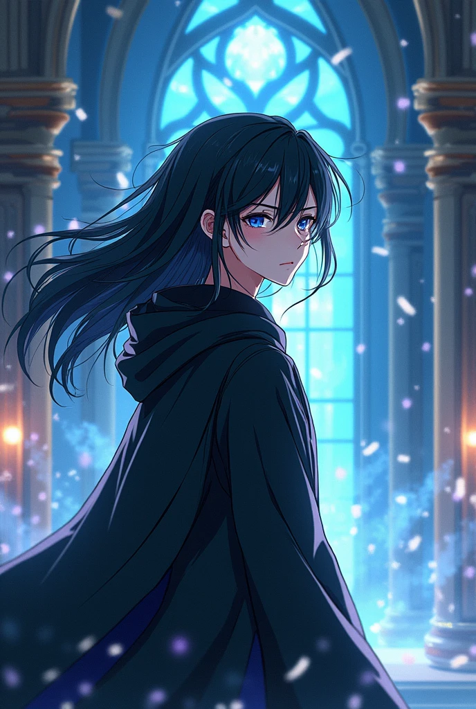 A 1 male anime character with long black hair and magical powers who is a student at a modern-day wizarding school.