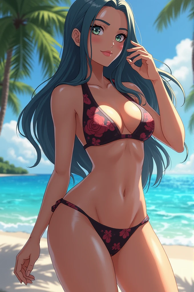 masterpiece, high quality, a sexy woman in a sexual black with orange floral bikini lying down on a beach chair, 1girl, solo, full body, cleavage, thong swimsuit, side-tied, front-tied, arm pit, pool, covered nipples, look at viewer, medium breasts, beachside, sexy smile, long hair, green hair, right hair over one eye, long-slitted and narrow eyes, slender face, medium breasts, slender woman, beautiful tits, beautiful ass