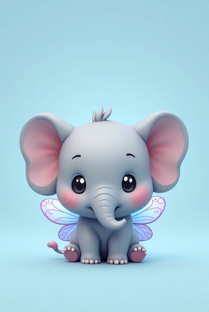 Create a simple 2D chibi grey elephant with cute butterly wings on its back with a blank blue backround