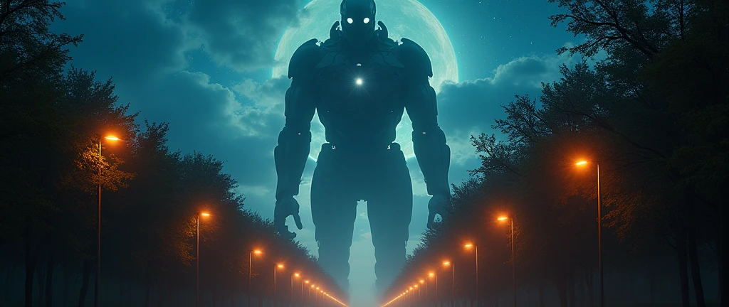 I'm on the street at night looking at the horizon, beyond the horizon there is the bust of a monster bigger than the clouds, it appears from the horizon and looks like just a faint silhouette, I can see his eyes shine like stars on the horizon, 32K, super realistico, life like, Real vision, every detail of the image is impressive, he is beyond the atmosphere, it appears from the chest up, starry sky of a peaceful night, tree-lined street, well lit street, light posts, He is a heavenly being, marvel celestials, lens flare effect, he extends his long arm towards me in a great plane of depth, it seems to have mechanical aspects, he has objects orbiting his presence, some lights shine in bright, vibrant colors