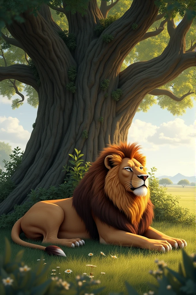 The lion resting under a large tree, eyes closed, appearing content and relaxed after a big meal