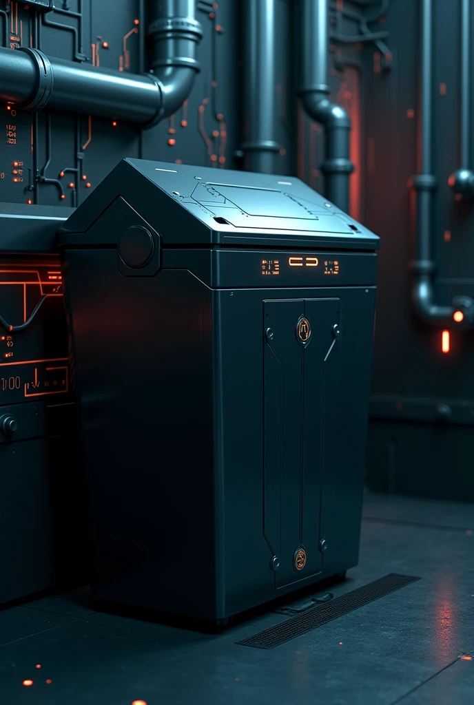 create an internal technological trash can, personalized, with dark background