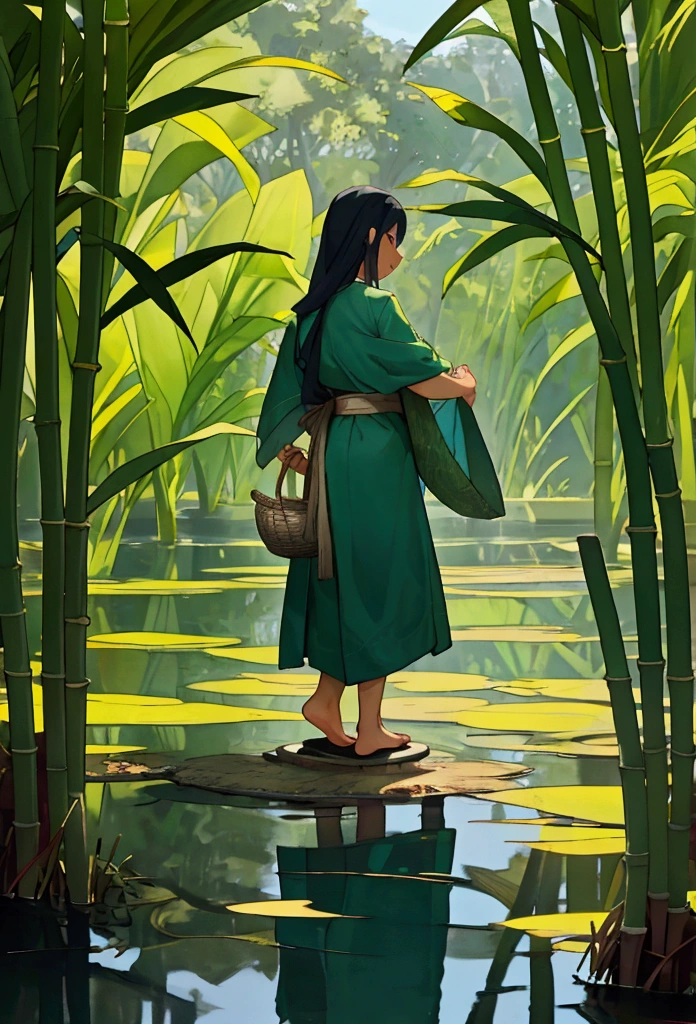 Scene 1: Morning at the Fish Pond Image Description: A large fish pond with calm and clear water surrounded by green trees.. In the distance, Mr. Darma stands on the edge of the pond with a bamboo basket in his hand., ready to start the day. Beside him, sari, his eldest daughter, carefully counting the fish catch with a serious but enthusiastic expression. Narration: In a small village surrounded by rice fields and green trees, there lived a fish farmer named Mr. Darma. Every morning, before sunrise, Pak Darma sudah berada di kolam ikan bersama his eldest daughter, sari. sari, intelligent and meticulous, always ensure that the fish harvest is calculated correctly, so that it can be sold at the best price on the market