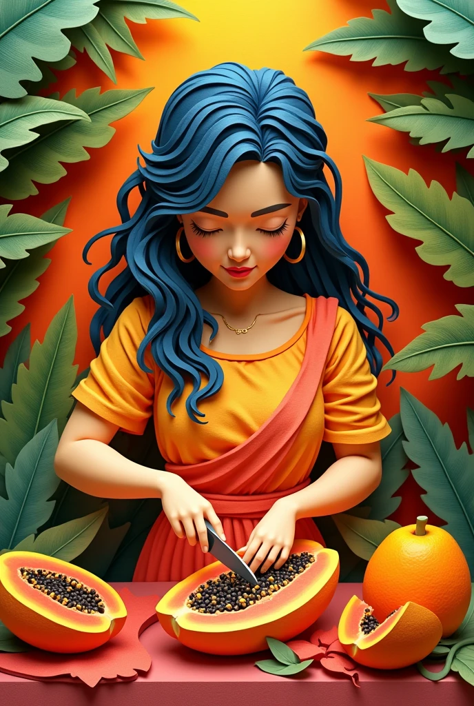 A woman cutting papaya , masterpiece, all in three dimensional paper art、(Almond Shapes);1.9、(Three-dimensional paper-cut art.、colorful):1.9