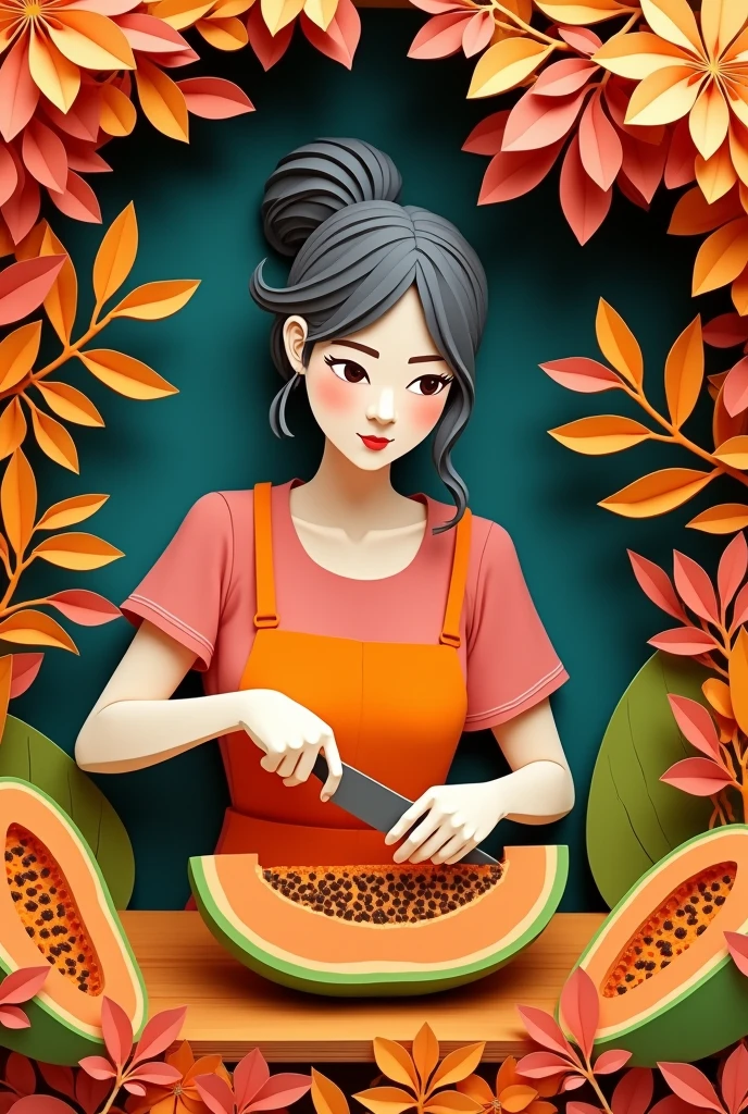 A woman cutting papaya , masterpiece, all in three dimensional paper art、(Almond Shapes);1.9、(Three-dimensional paper-cut art.、colorful):1.9